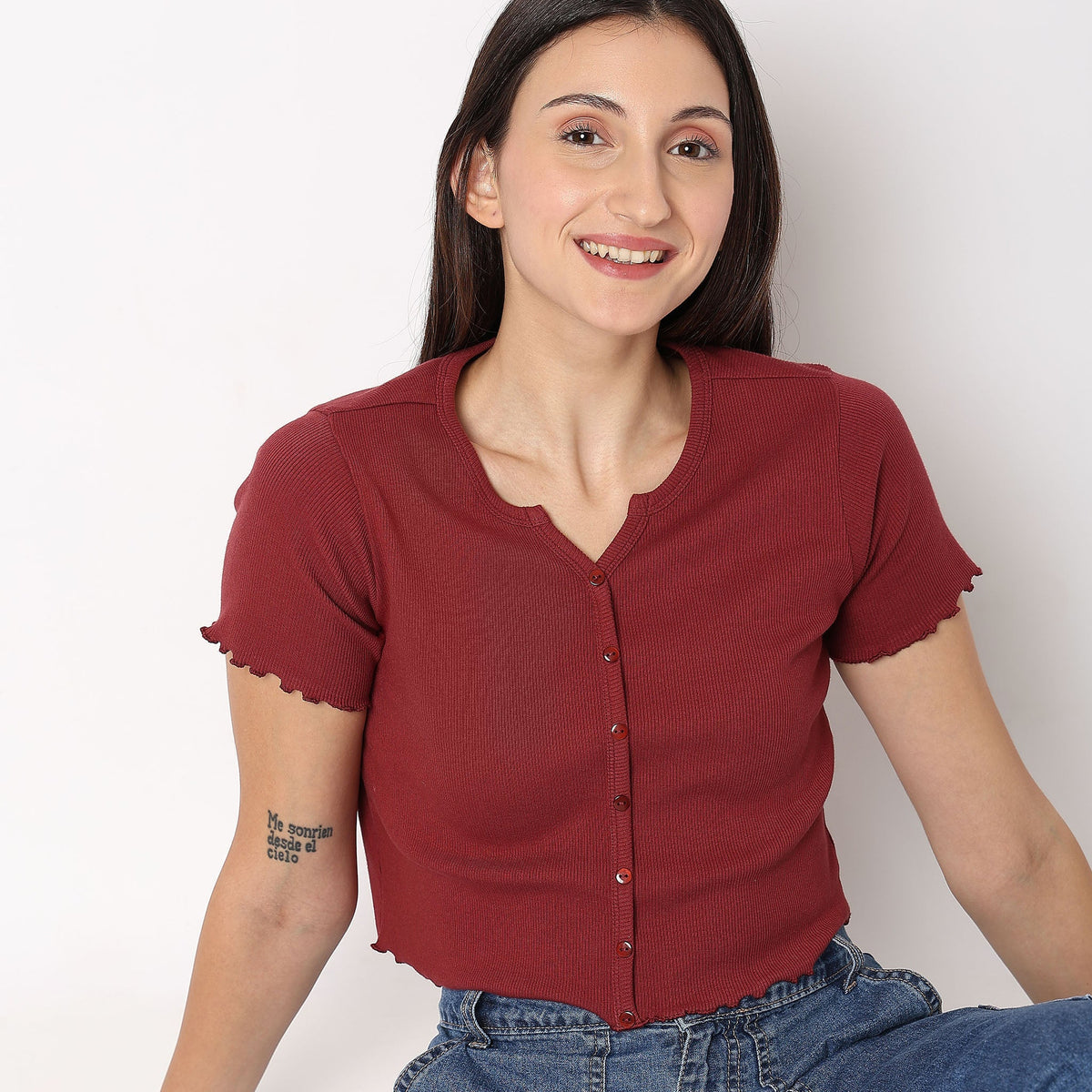 Women Wearing Relaxed Fit Solid T-Shirt