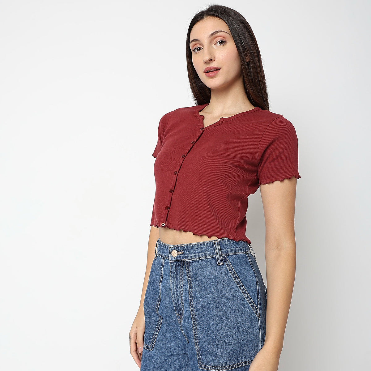 Women Wearing Relaxed Fit Solid T-Shirt