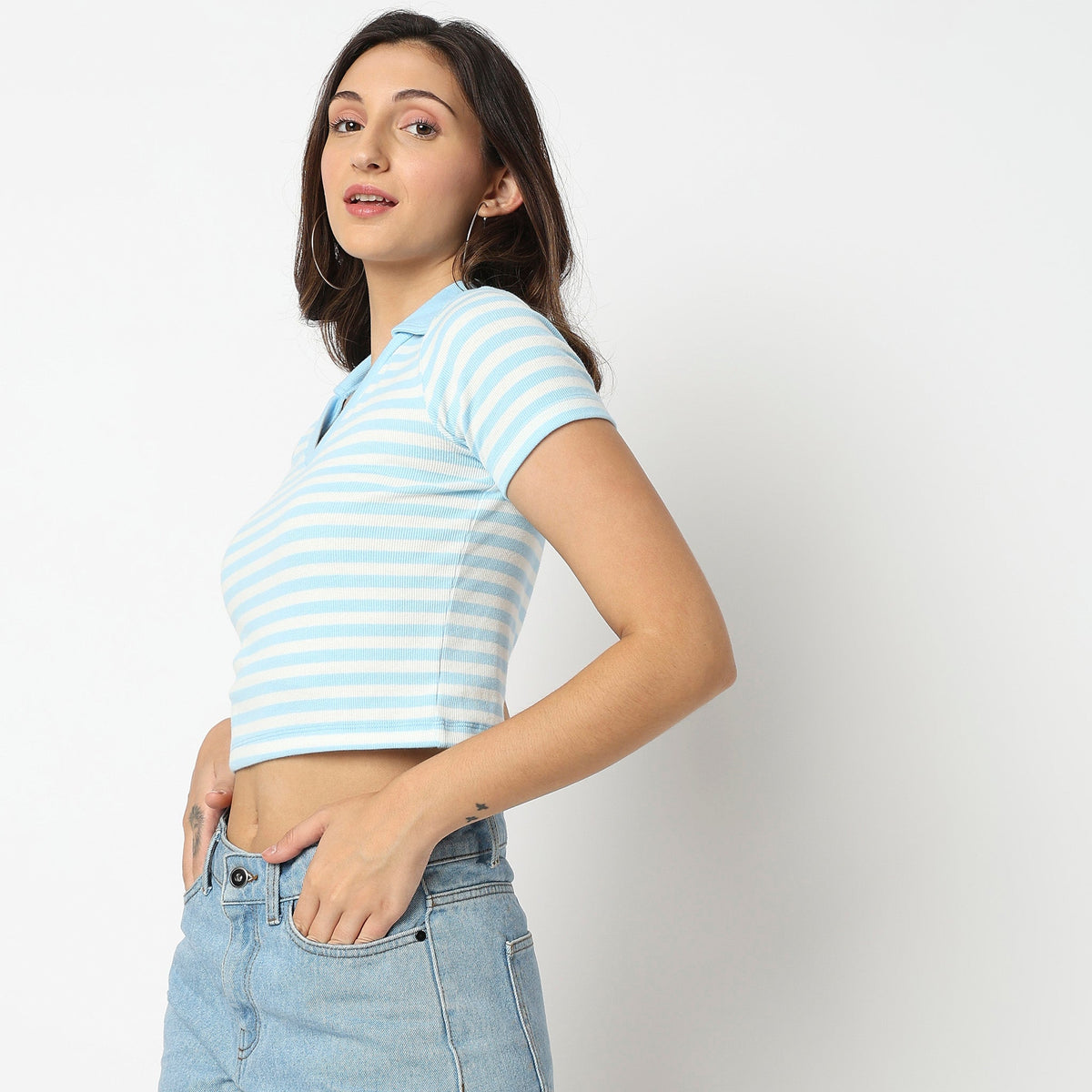 Women Wearing Regular Fit Striped T-Shirt