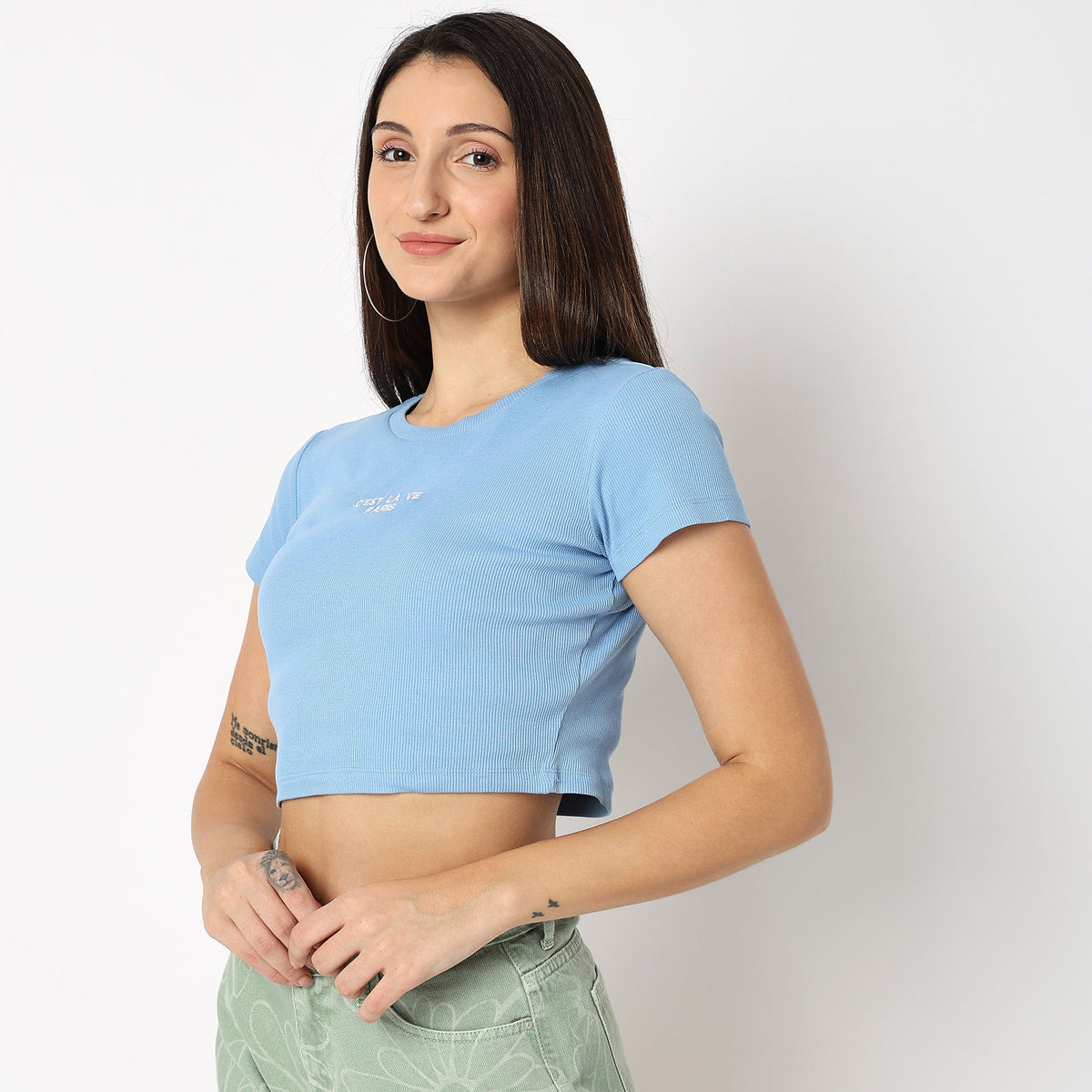 Women Wearing Regular Fit Solid T-Shirt