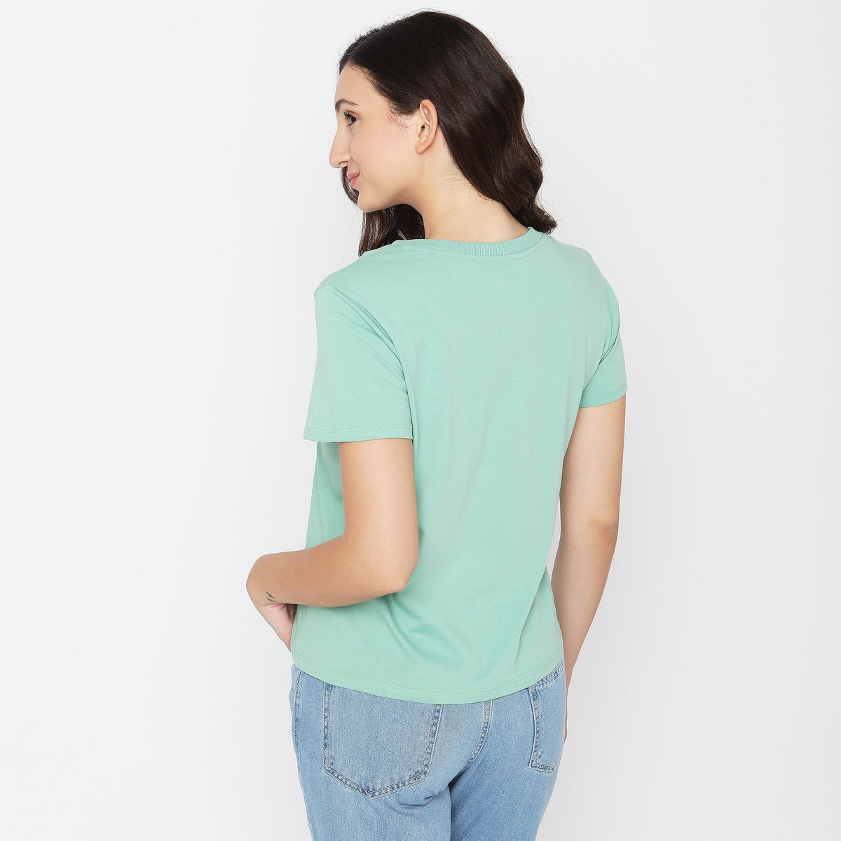 Women Wearing Regular Fit Solid T-Shirt