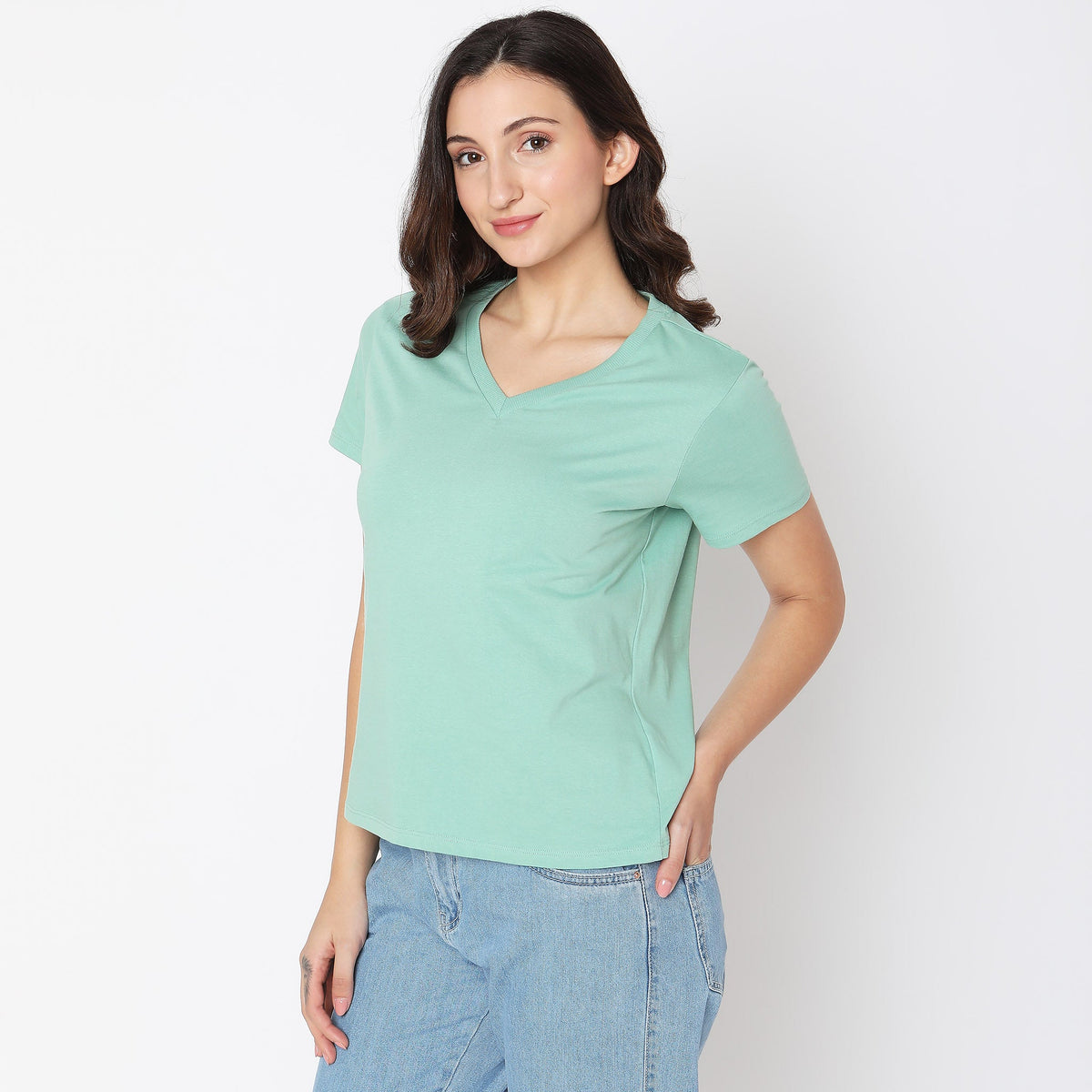 Women Wearing Regular Fit Solid T-Shirt