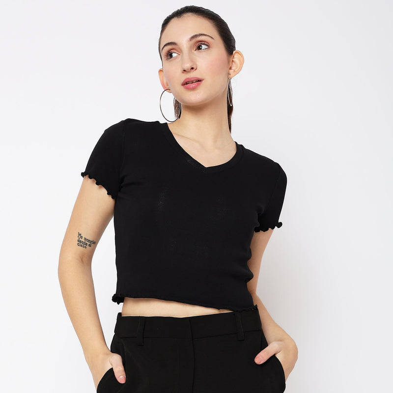 Women Wearing Slim Fit Solid T-Shirt