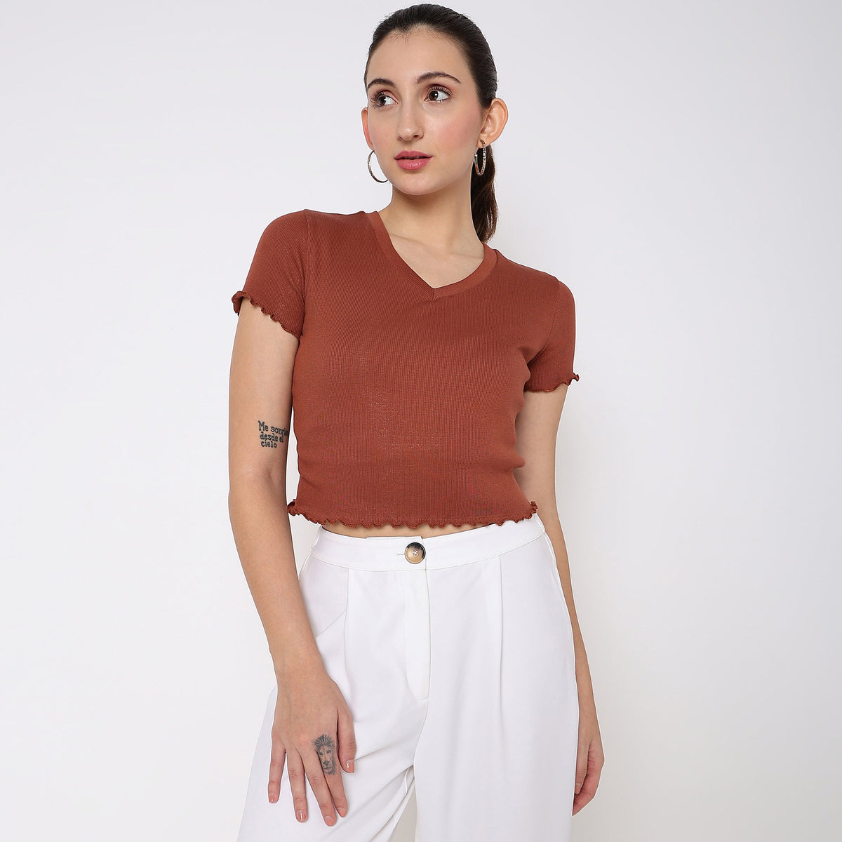 Women Wearing Slim Fit Solid T-Shirt