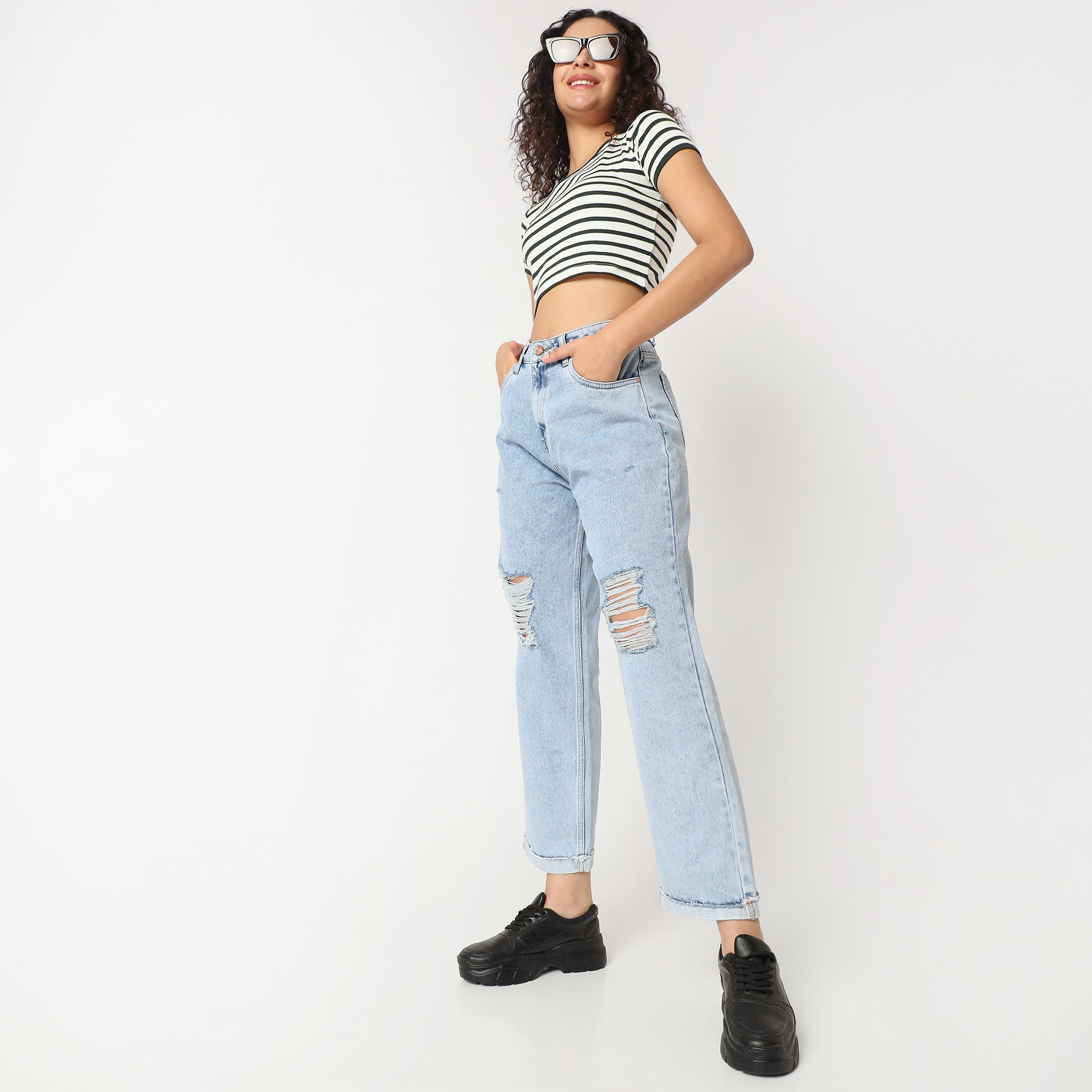 Straight Fit Distressed High Rise Jeans