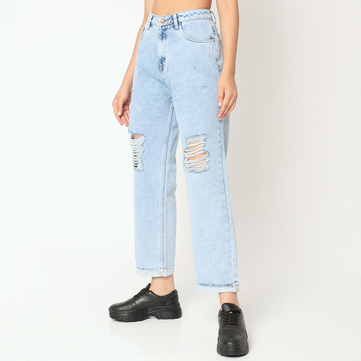 Women Wearing Straight Fit Distressed High Rise Jean