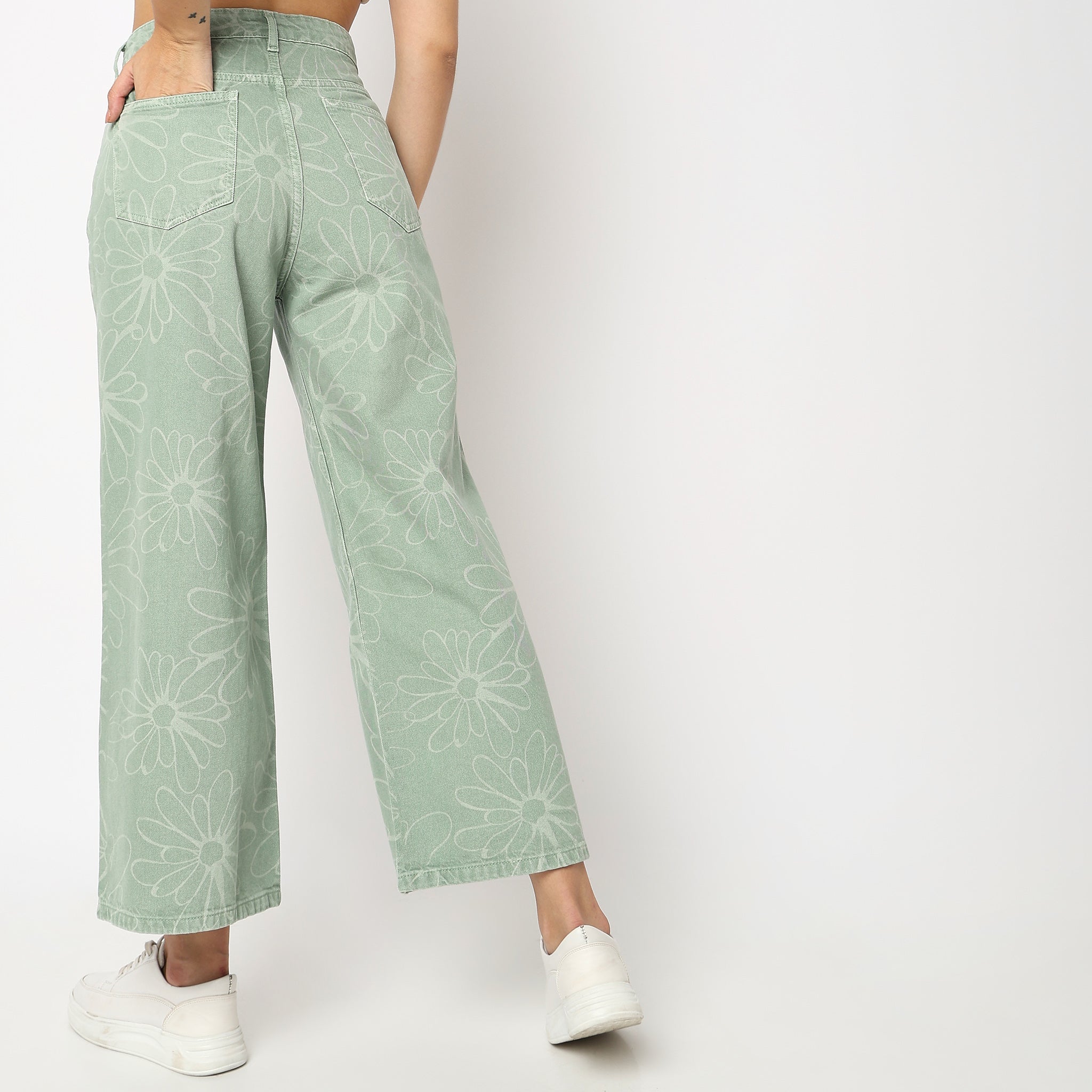 Women Wearing Flare Fit Laser Print High Rise Jean
