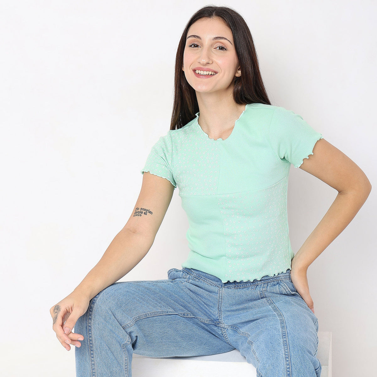 Women Wearing Regular Fit Solid T-Shirt