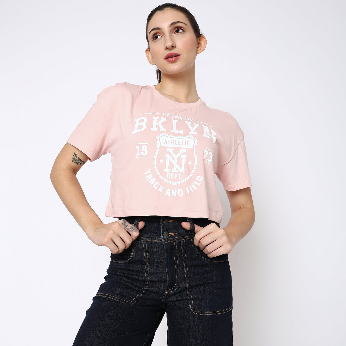 Women Wearing Boxy Fit Graphic T-Shirt