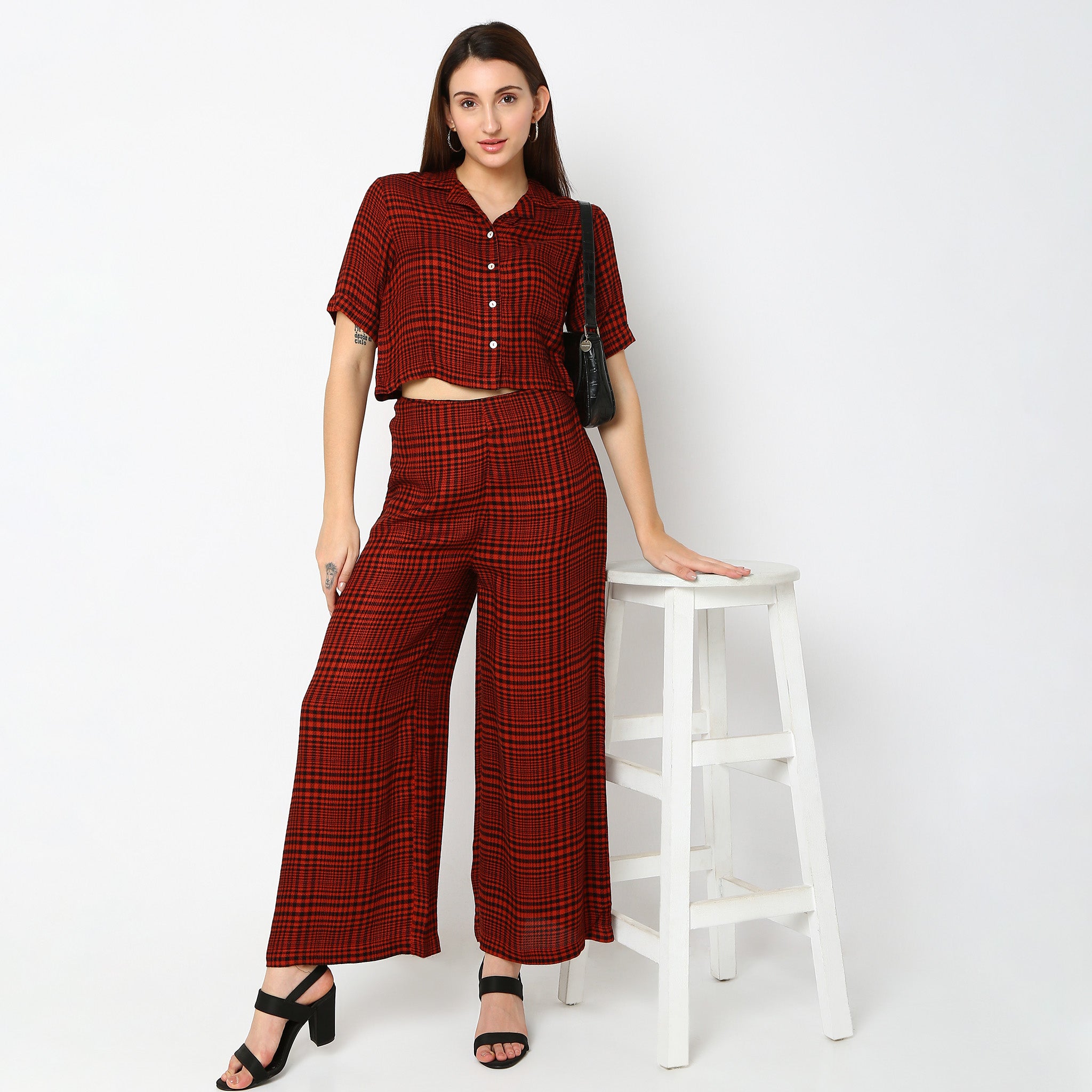Flare Fit Checkered Mid Rise Palazzos