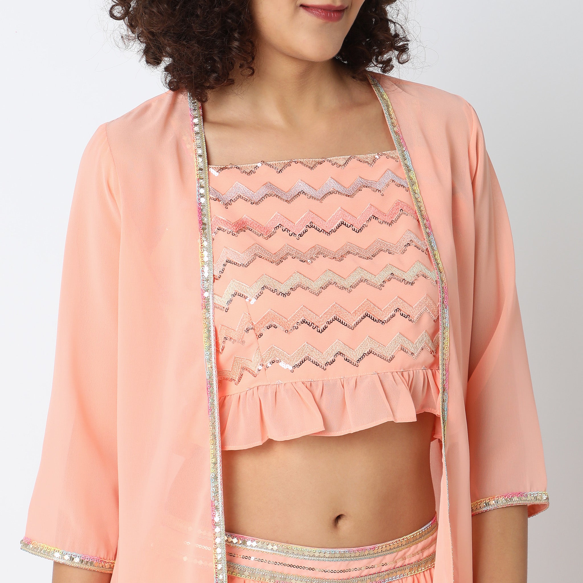 Flare Fit Embellished Top with Palazzo & with Shrug Set
