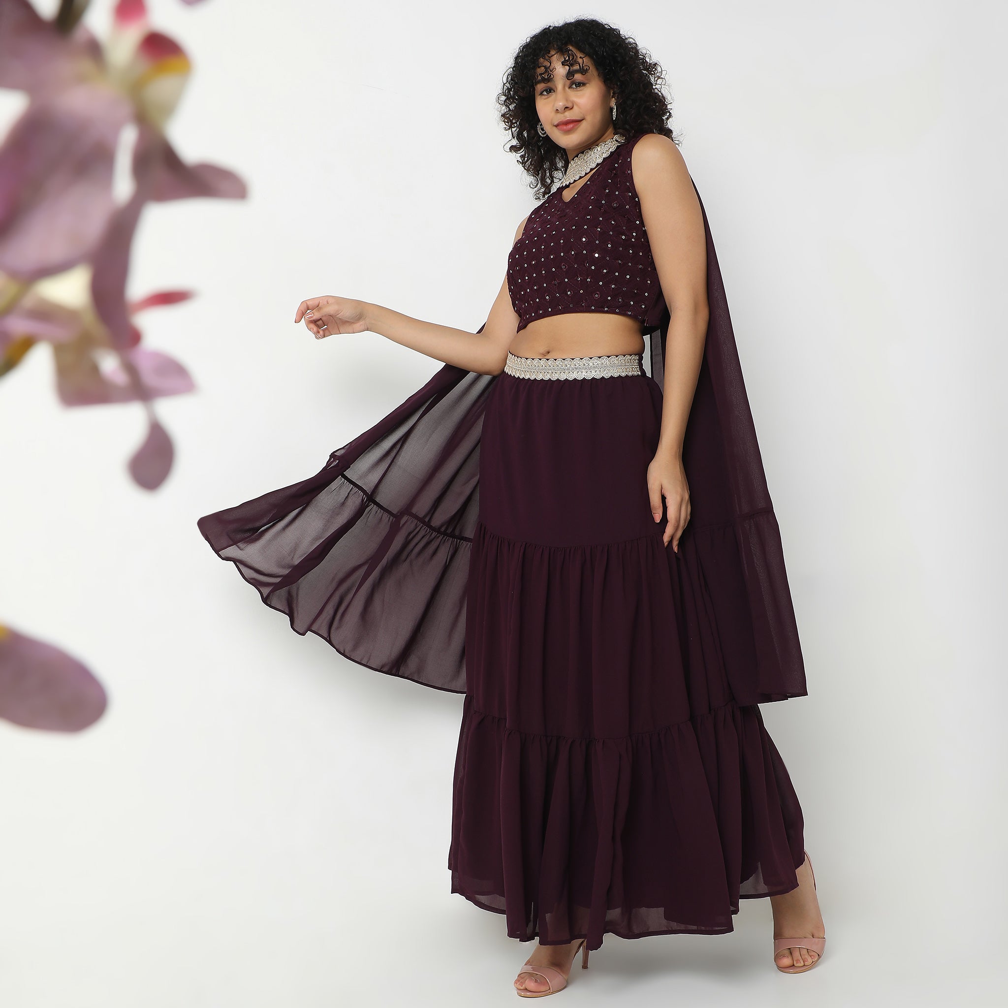 Flare Fit Embellished Ethnic Crop Top Skirt Set with Dupatta