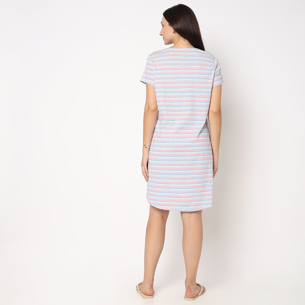 Women Wearing Regular Fit Striped Short Gown