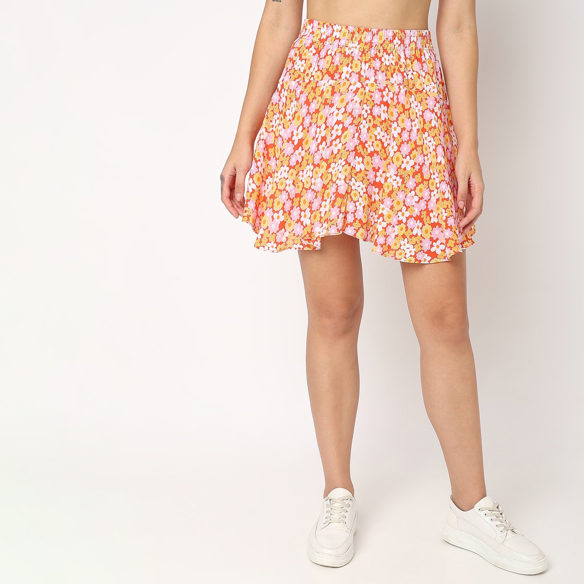 Orange floral mini outlet skirt