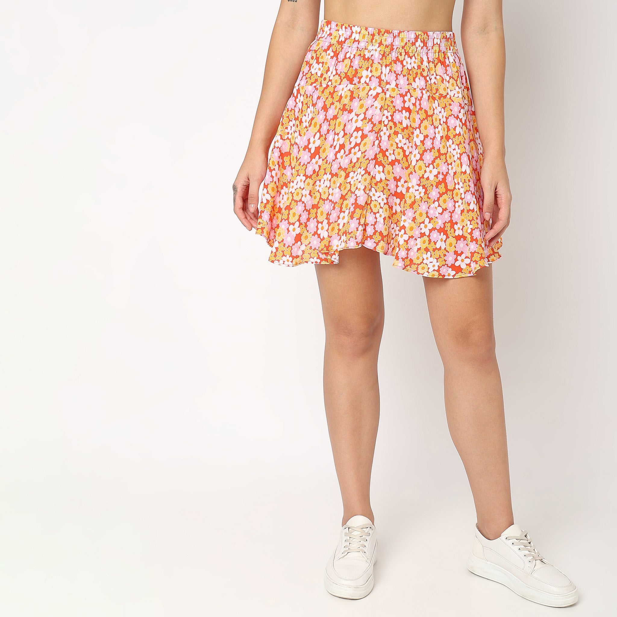 Women Wearing Flare Fit Floral Skirt