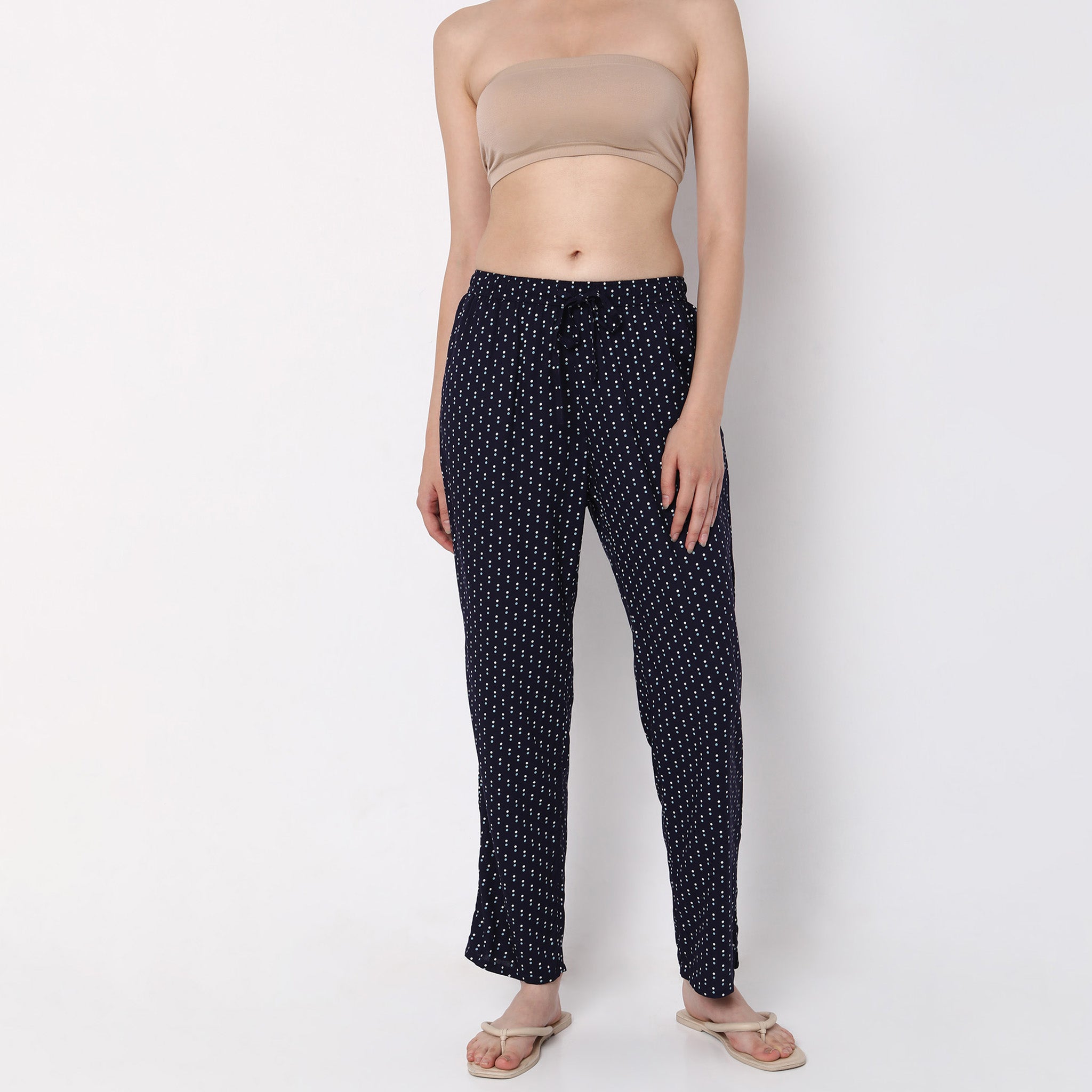 Women Wearing Regular Fit Printed Mid Rise Pyjamas