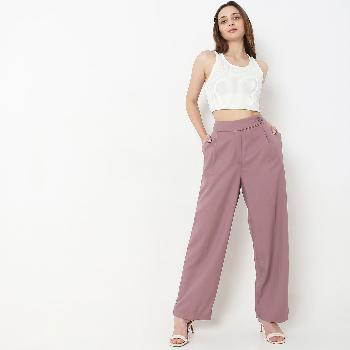 Regular Fit Solid Mid Rise Trousers