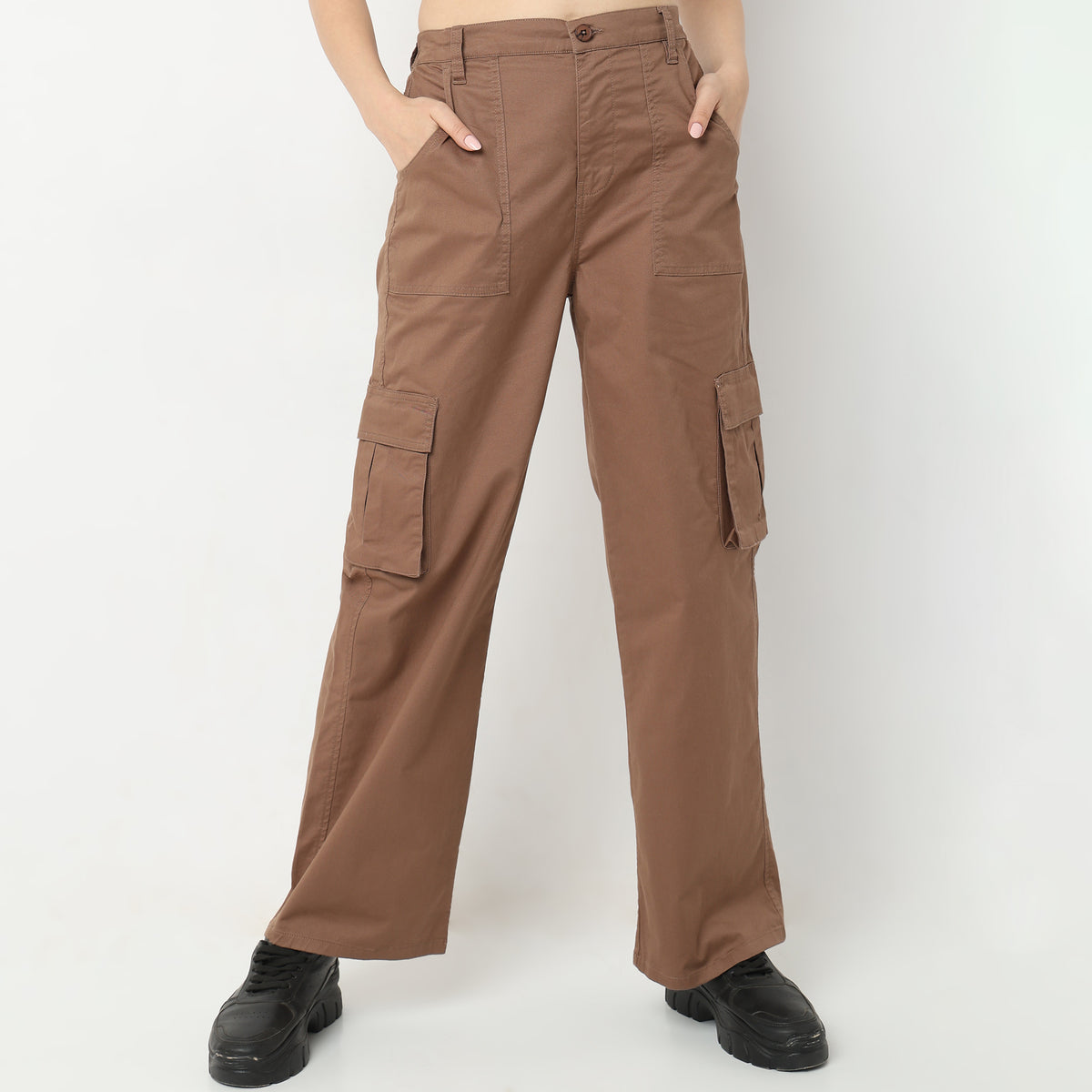 Regular Fit Solid High Rise Trousers