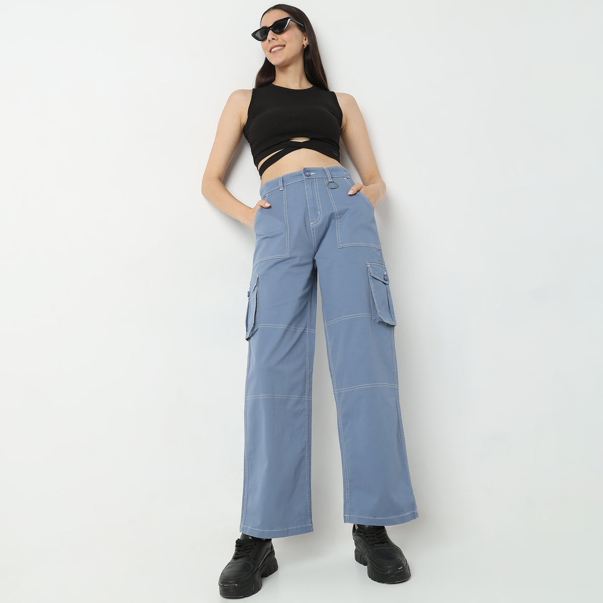 Regular Fit Solid High Rise Trousers