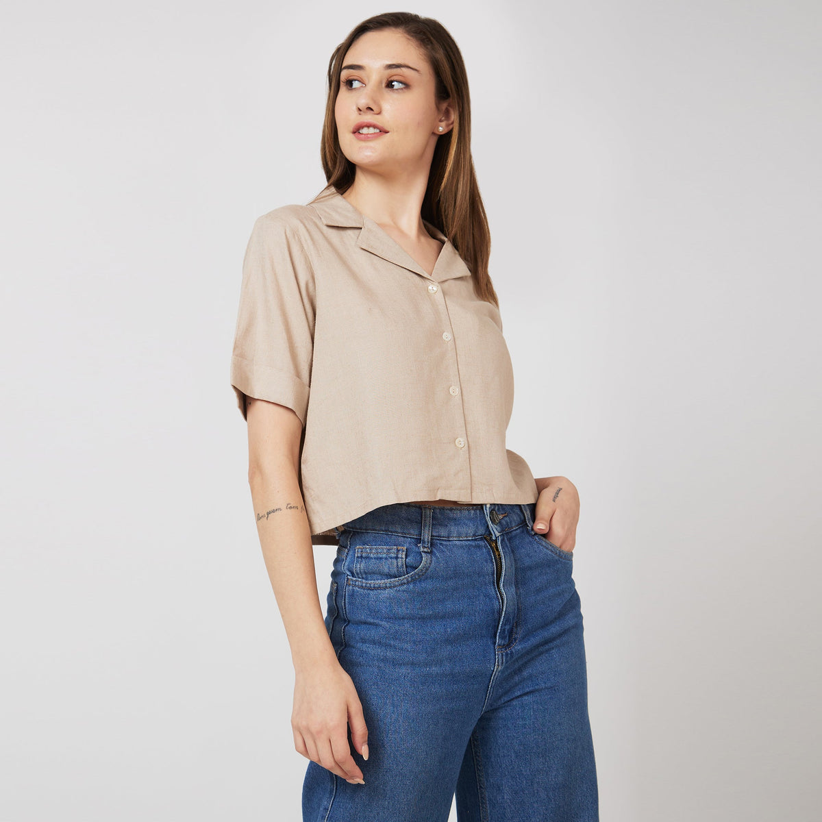 Women Wearing Boxy Fit Solid Shirt