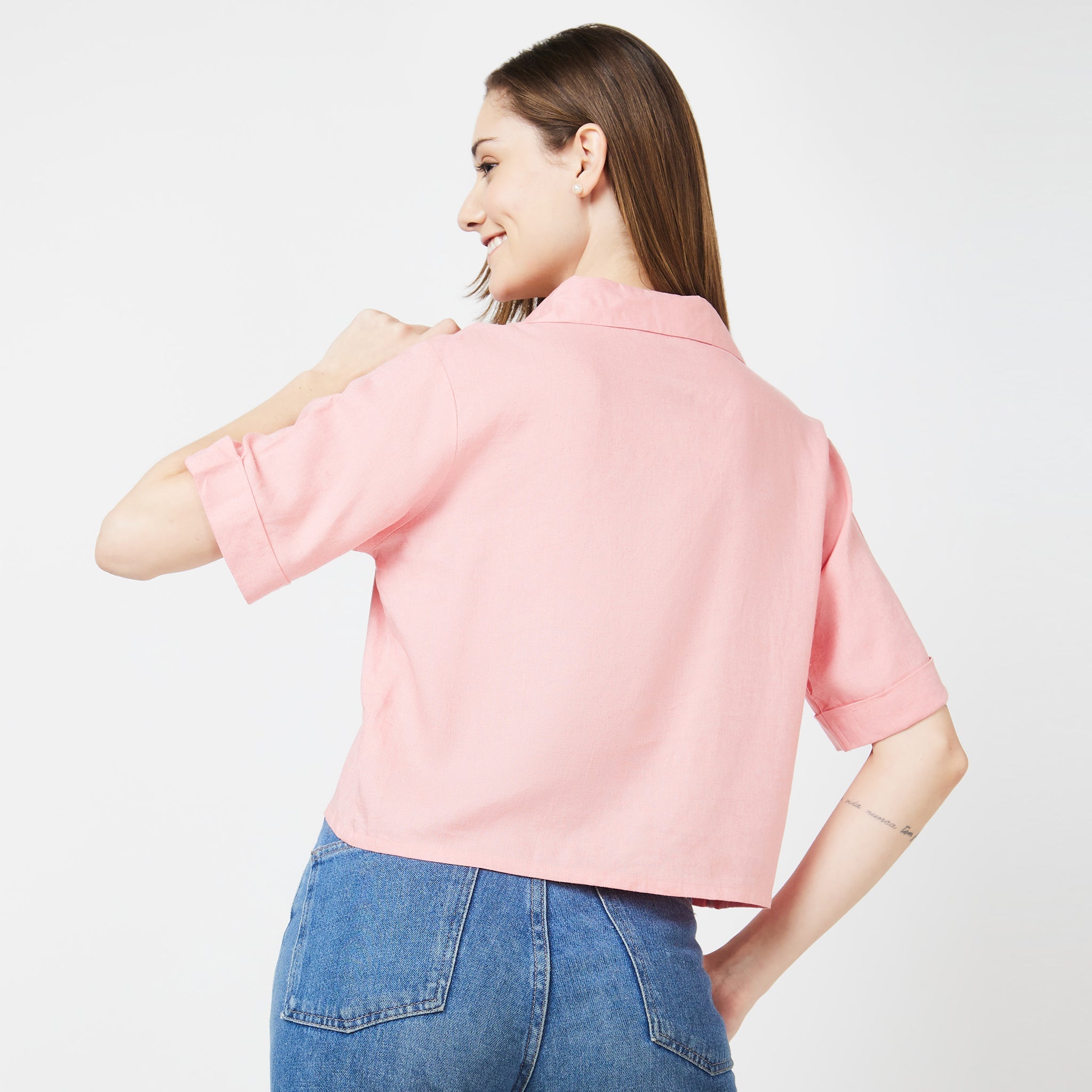 Women Wearing Boxy Fit Solid Shirt