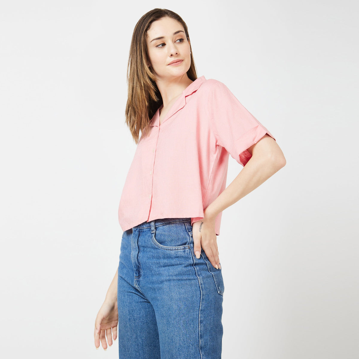 Women Wearing Boxy Fit Solid Shirt