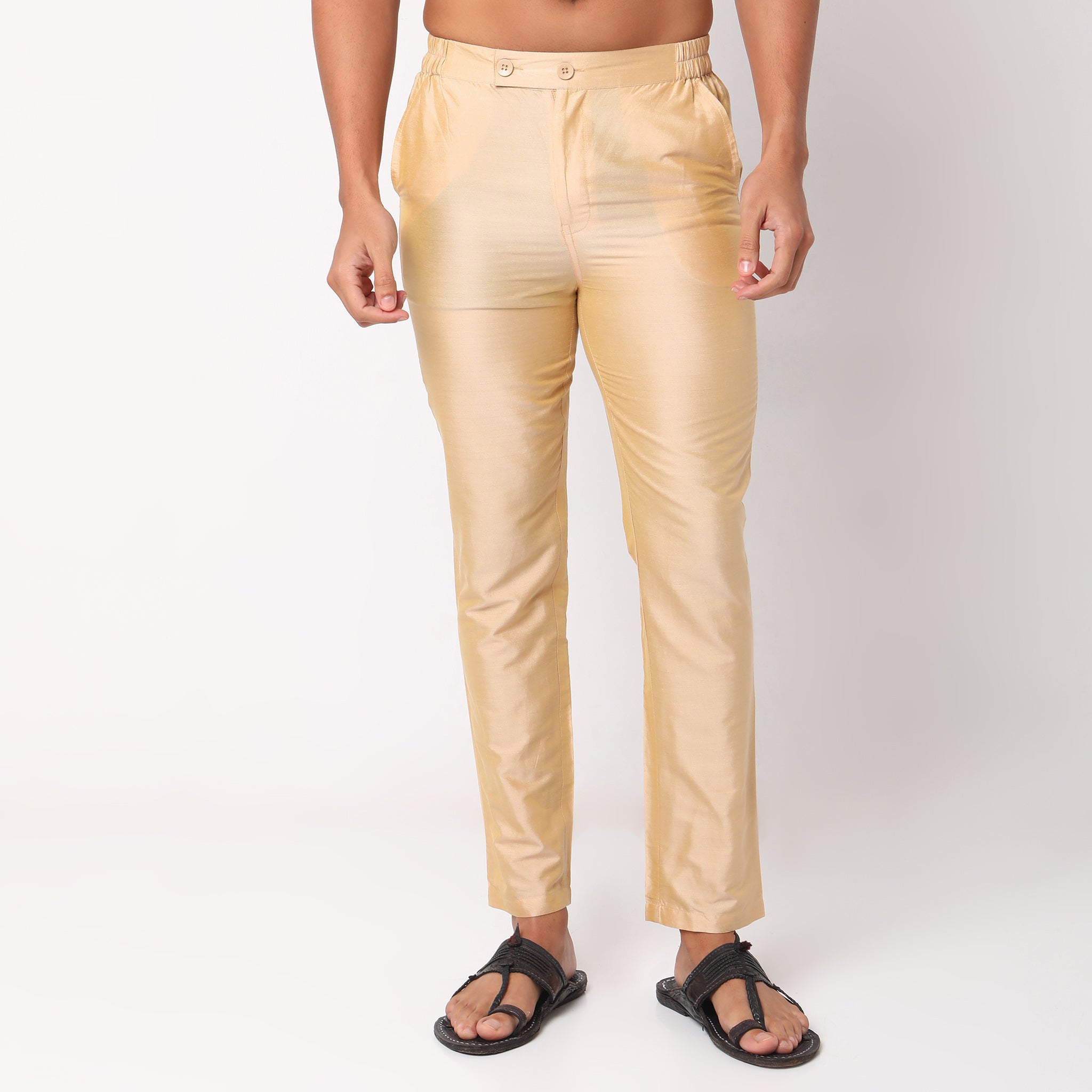 Women Cotton Silk Pant Golden Narrow Bottom Casual Ethnic Regular Trousers  