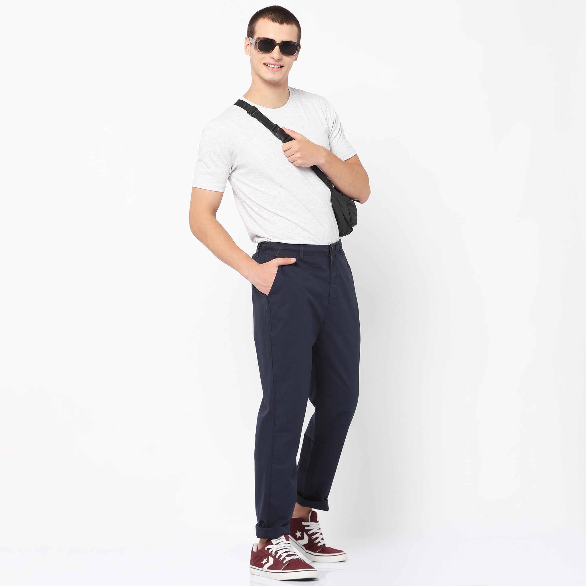 navy blue chinos with white shirt