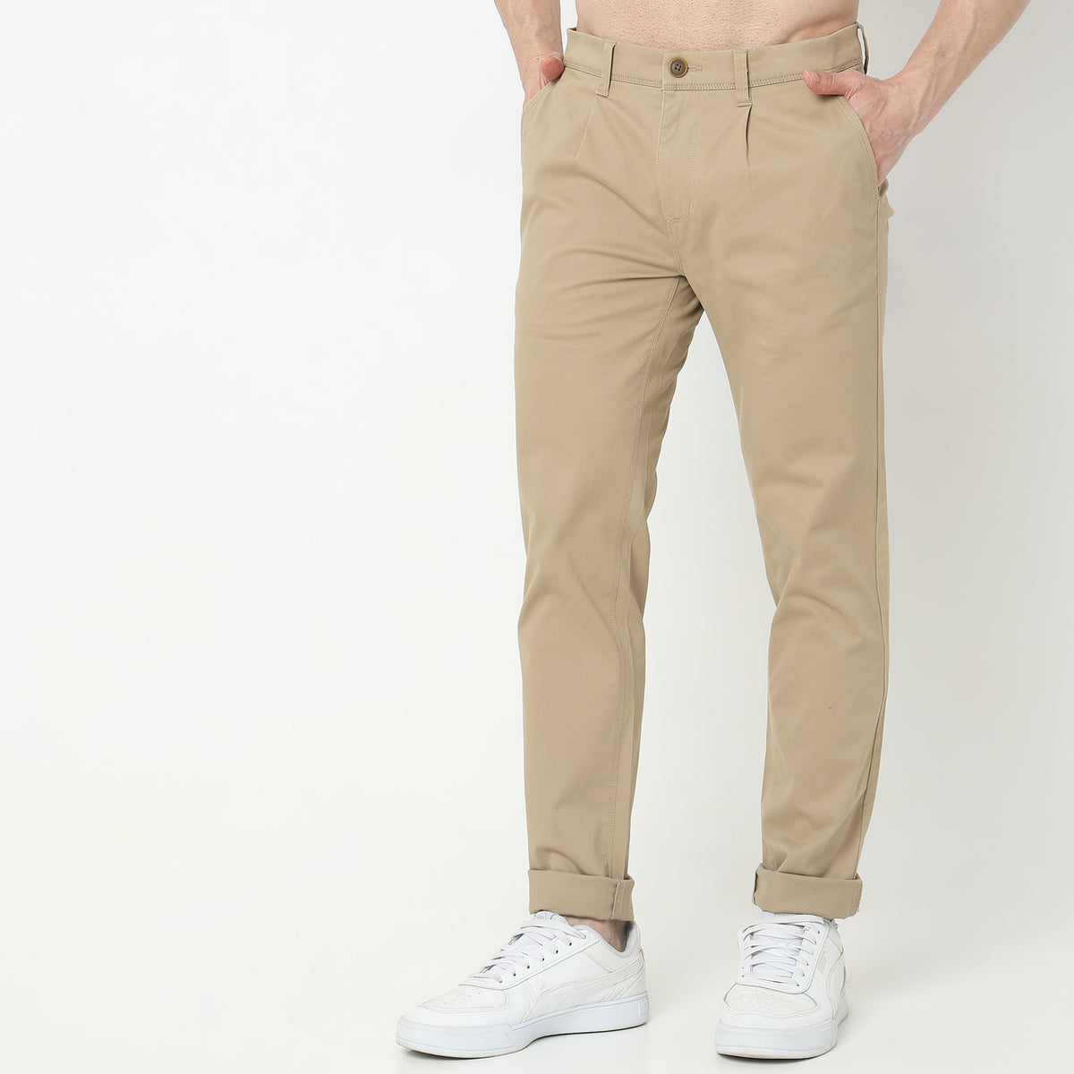 Regular Fit Solid Mid Rise Chinos