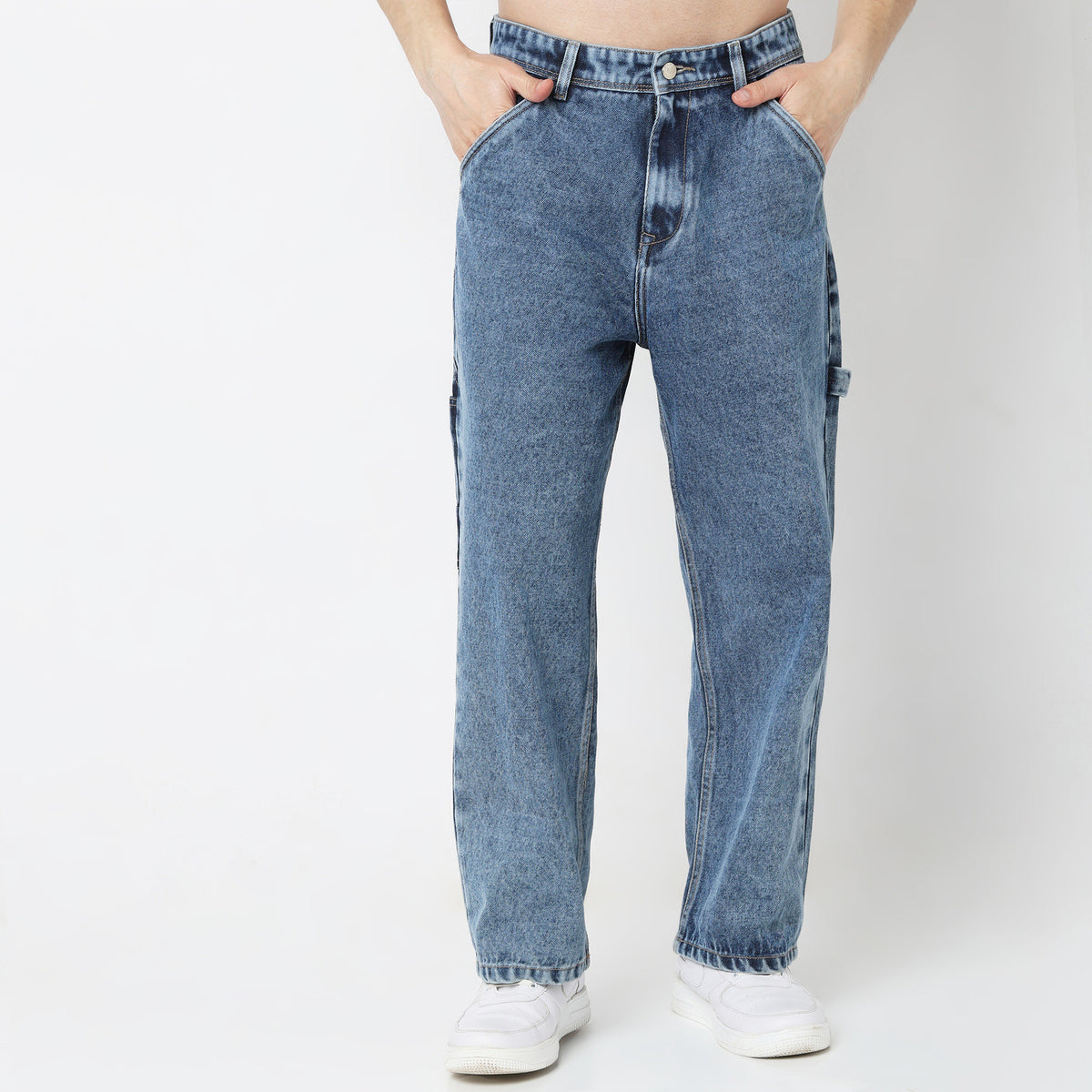 Baggy Fit Solid Mid Rise Jeans