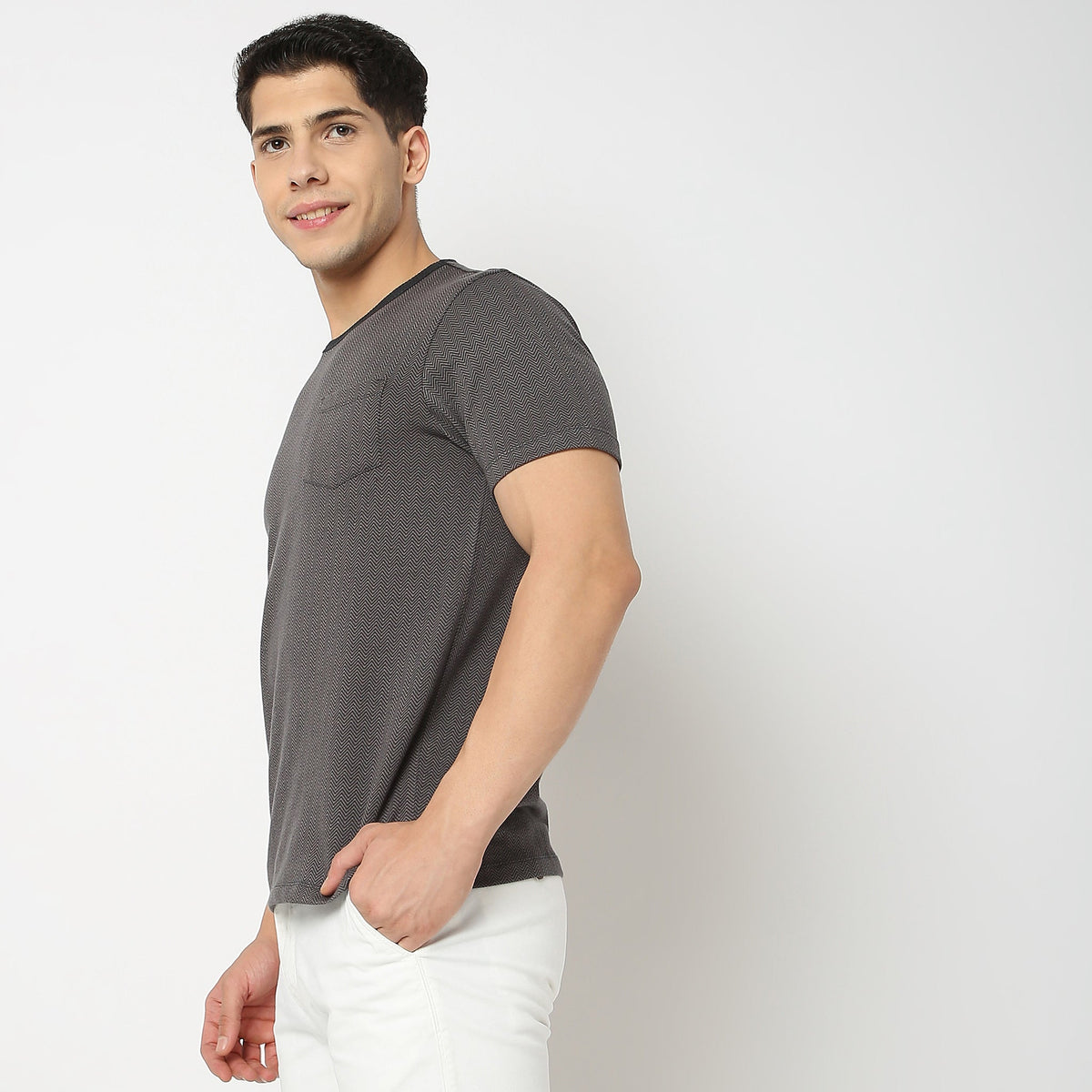 Men Wearing Regular Fit Herringbone T-Shirt