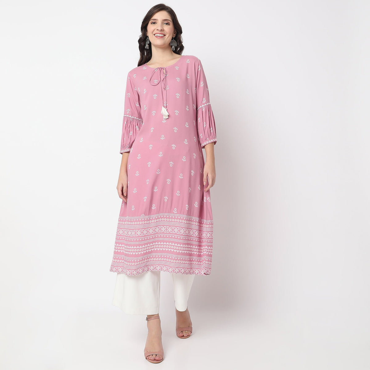 Women Wearing Flare Fit Printed Kurta