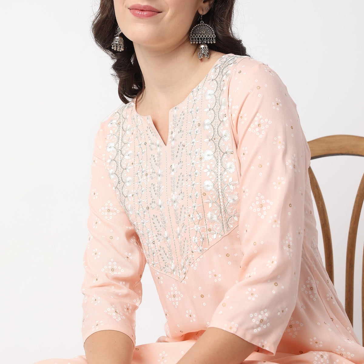 Women Wearing Flare Fit Embroidered Kurta