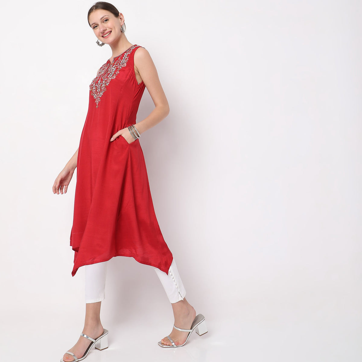 Women Wearing Flare Fit Embroidered Kurta