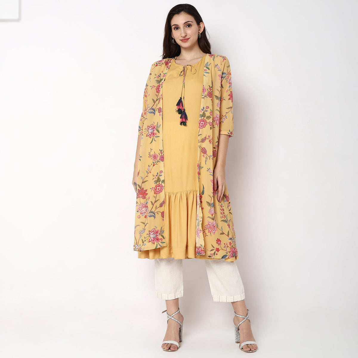 Women Wearing Flare Fit Floral Kurta