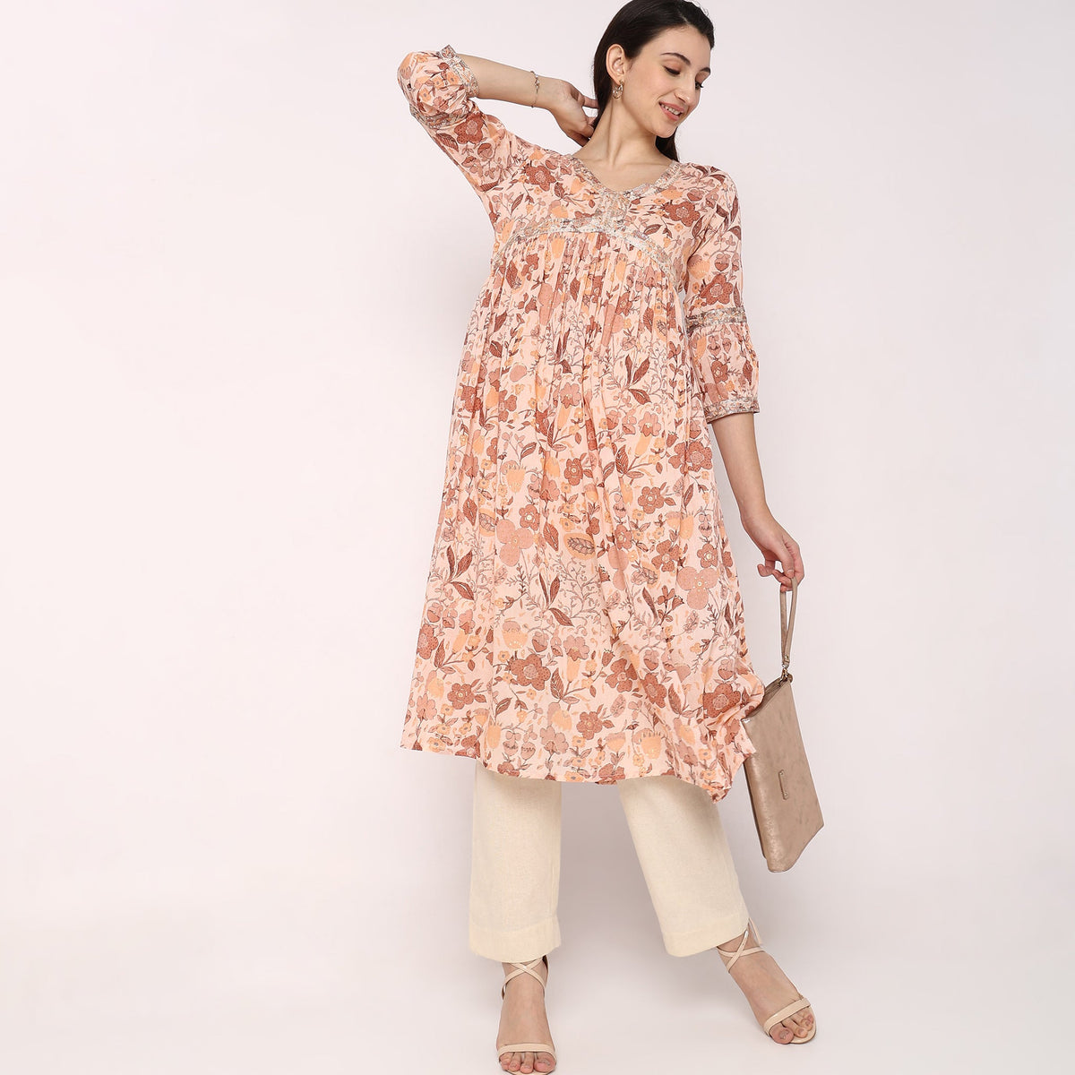 Women Wearing Flare Fit Printed Kurta