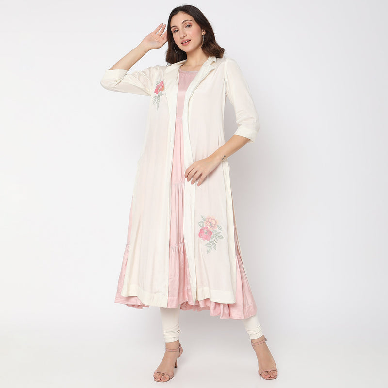 Women Wearing Flare Fit Embroidered Kurta