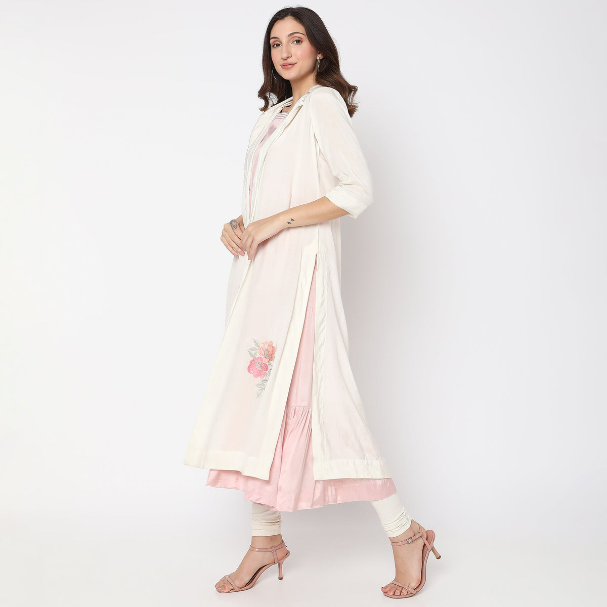 Women Wearing Flare Fit Embroidered Kurta